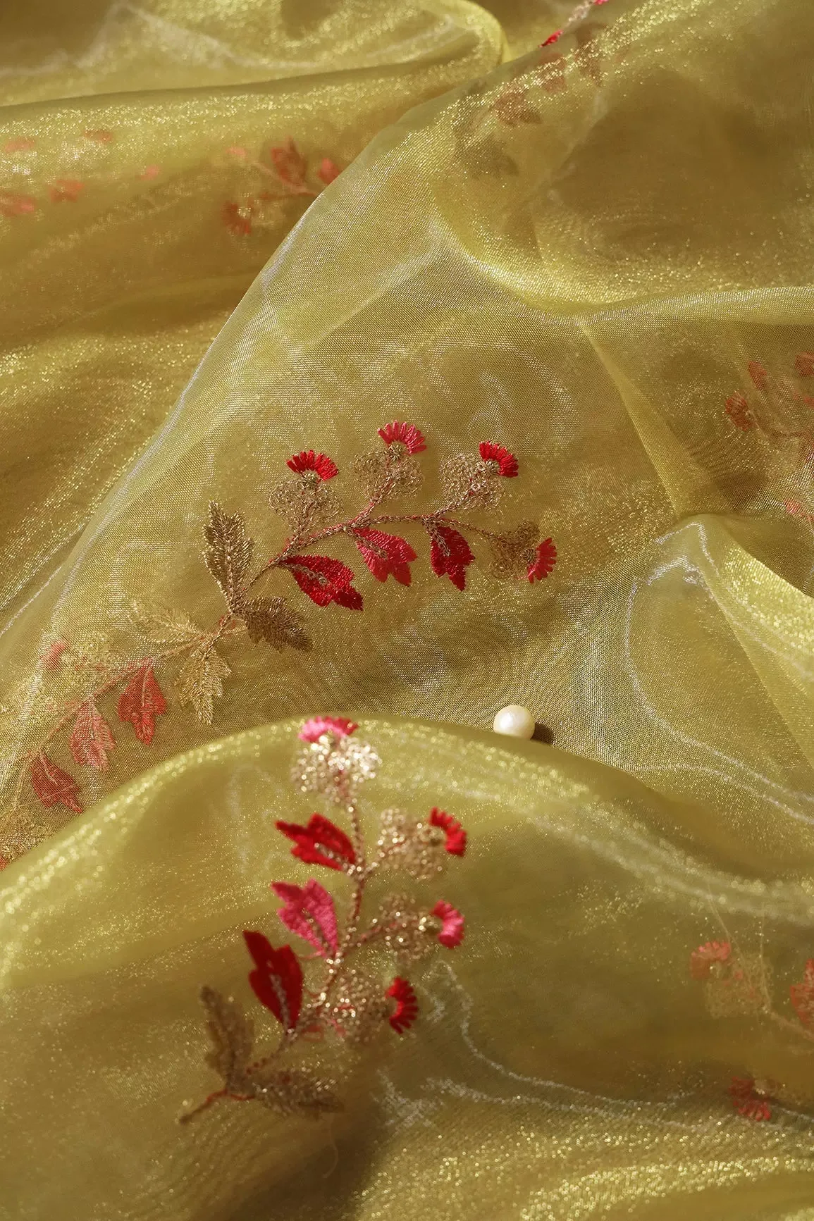 Beautiful Multi Color Leafy Embroidery Work On Mehendi Green Tissue Fabric
