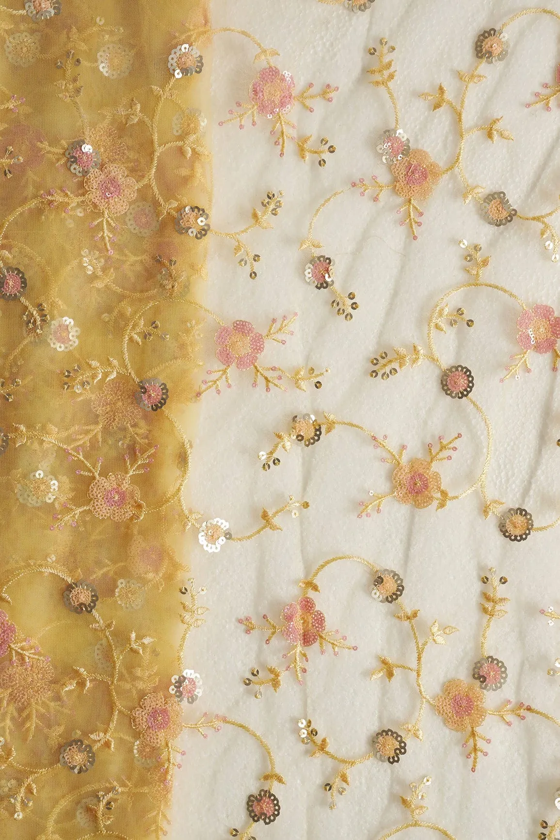 Beautiful Multi Color Sequins Floral Embroidery Work On Yellow Soft Net Fabric
