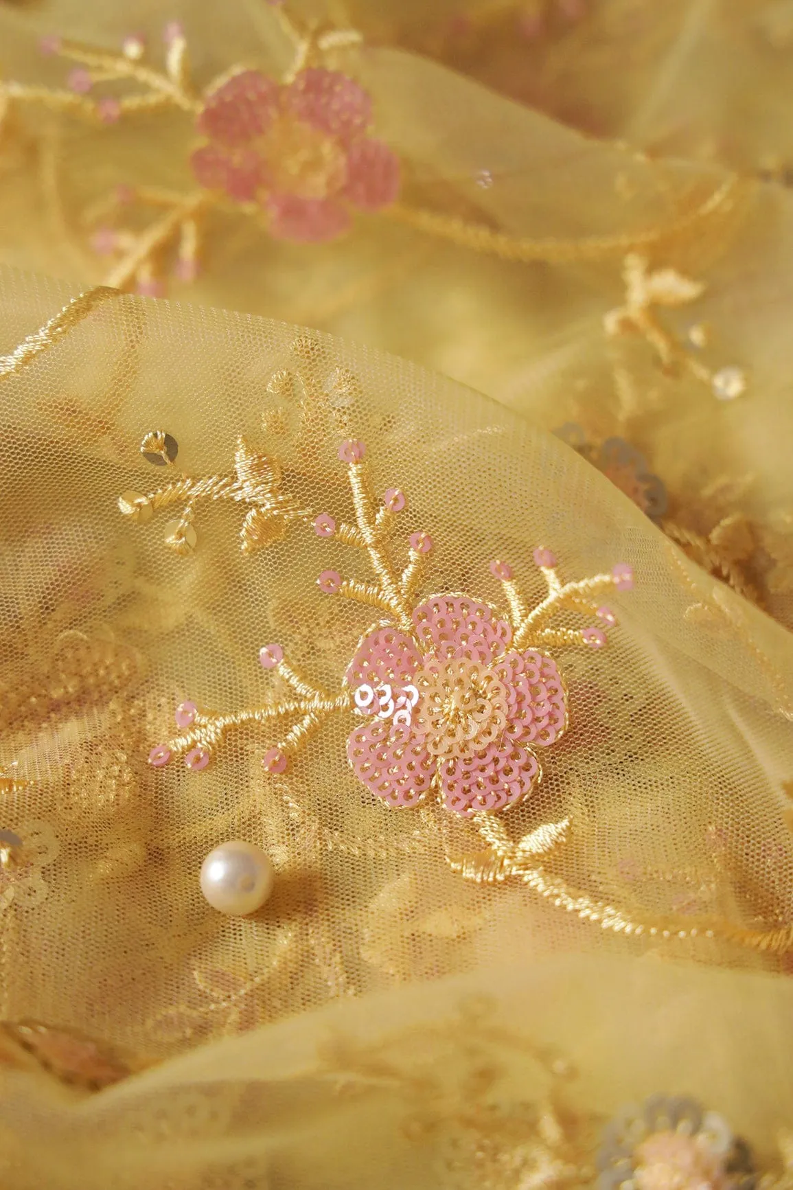Beautiful Multi Color Sequins Floral Embroidery Work On Yellow Soft Net Fabric