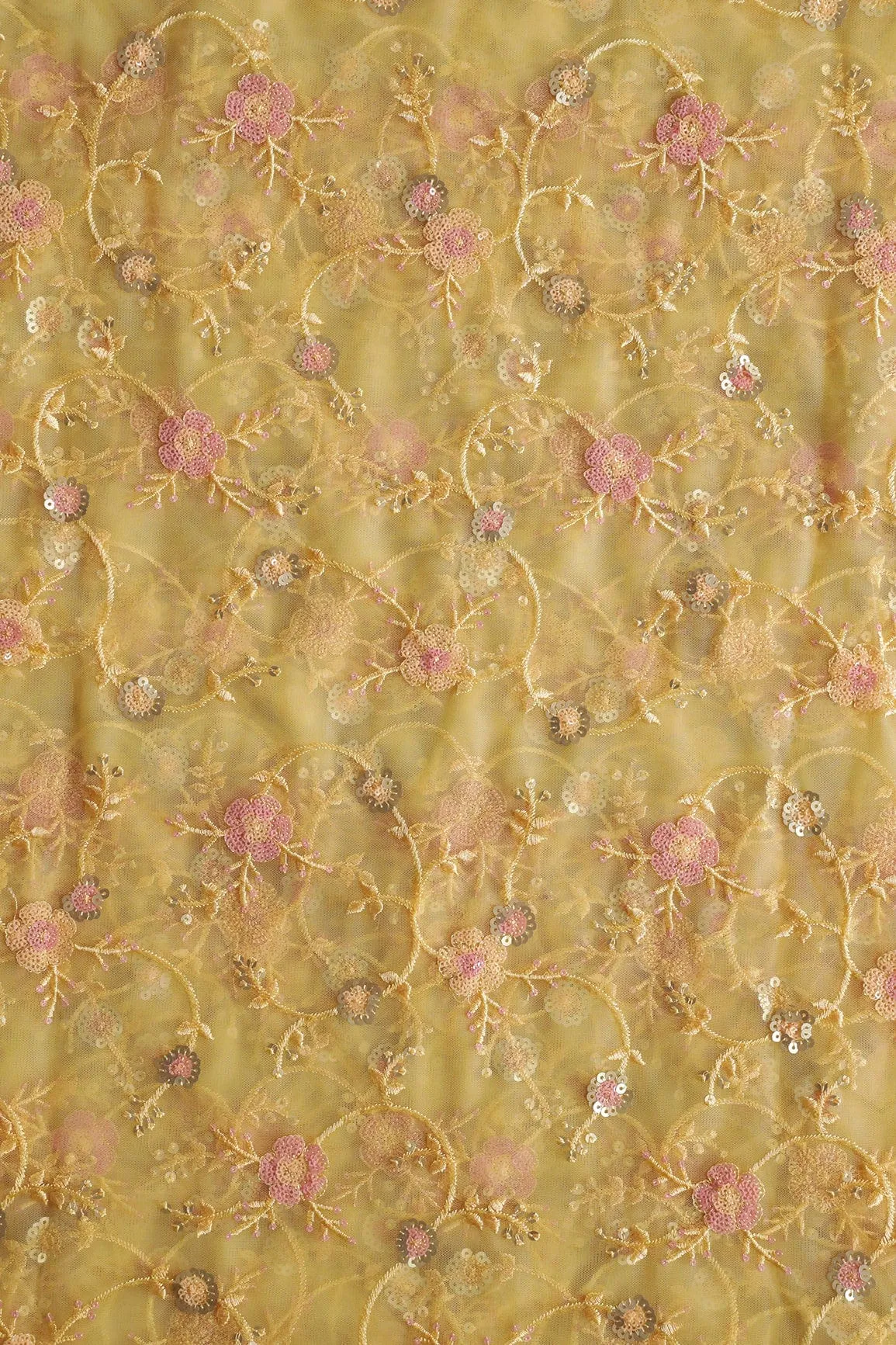 Beautiful Multi Color Sequins Floral Embroidery Work On Yellow Soft Net Fabric