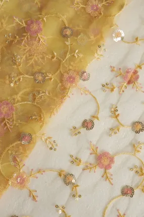 Beautiful Multi Color Sequins Floral Embroidery Work On Yellow Soft Net Fabric