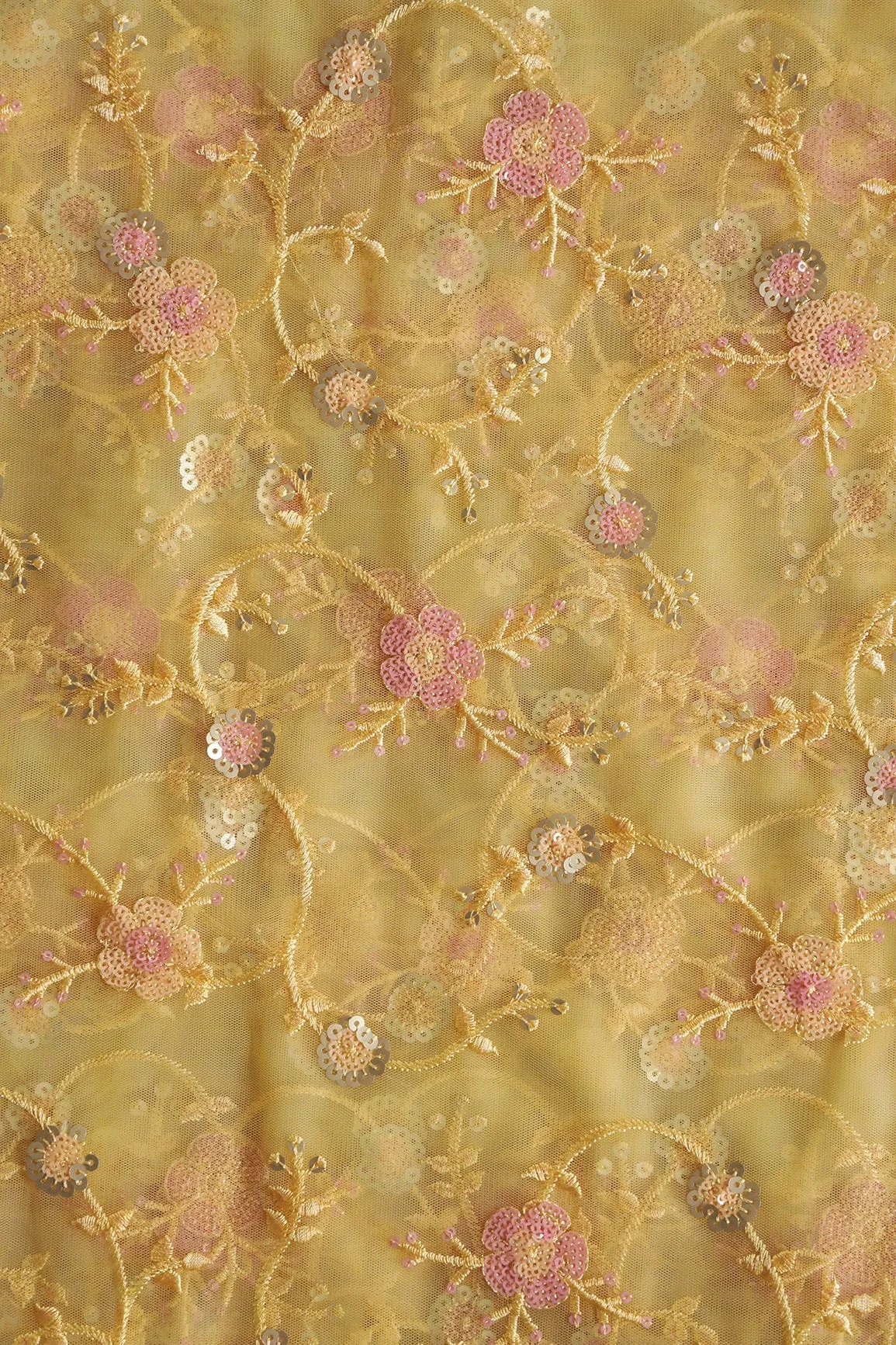 Beautiful Multi Color Sequins Floral Embroidery Work On Yellow Soft Net Fabric