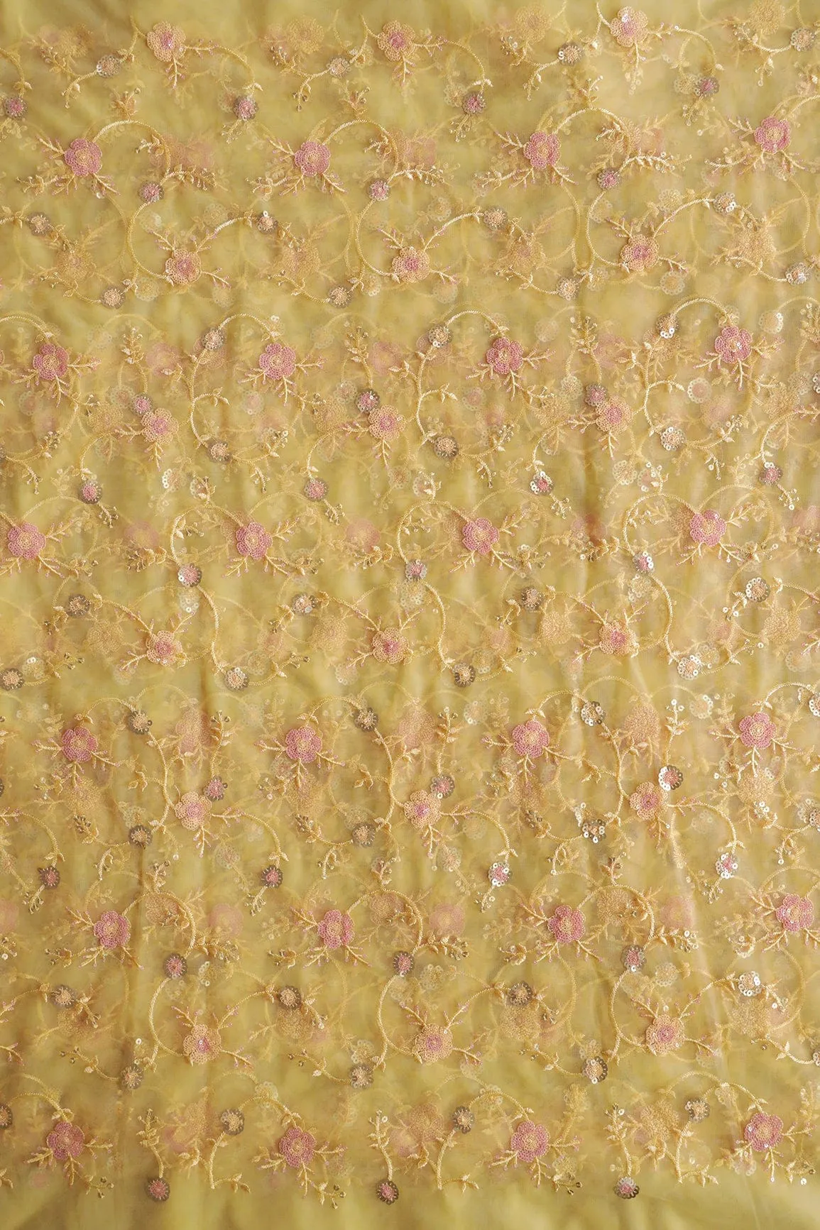 Beautiful Multi Color Sequins Floral Embroidery Work On Yellow Soft Net Fabric
