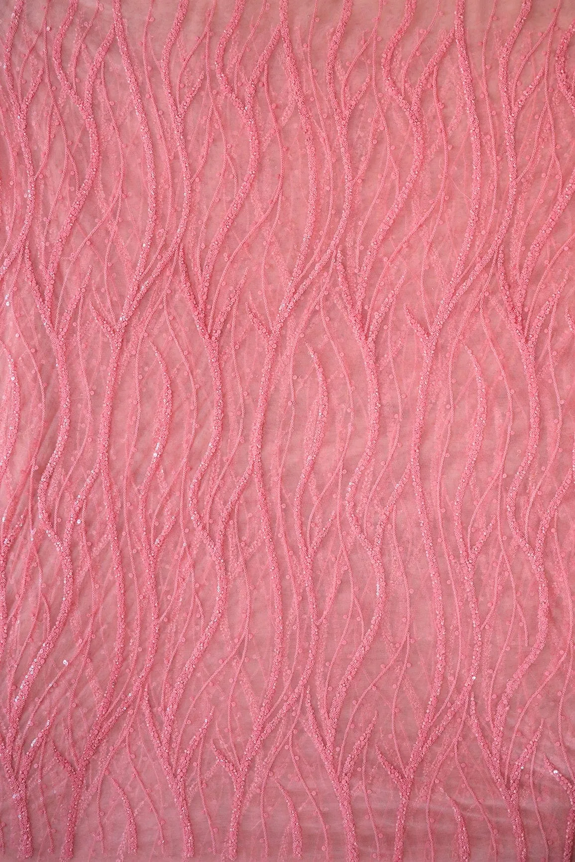 Beautiful Sequins With Pink Thread Wavy Embroidery Work On Pink Soft Net Fabric