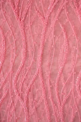 Beautiful Sequins With Pink Thread Wavy Embroidery Work On Pink Soft Net Fabric