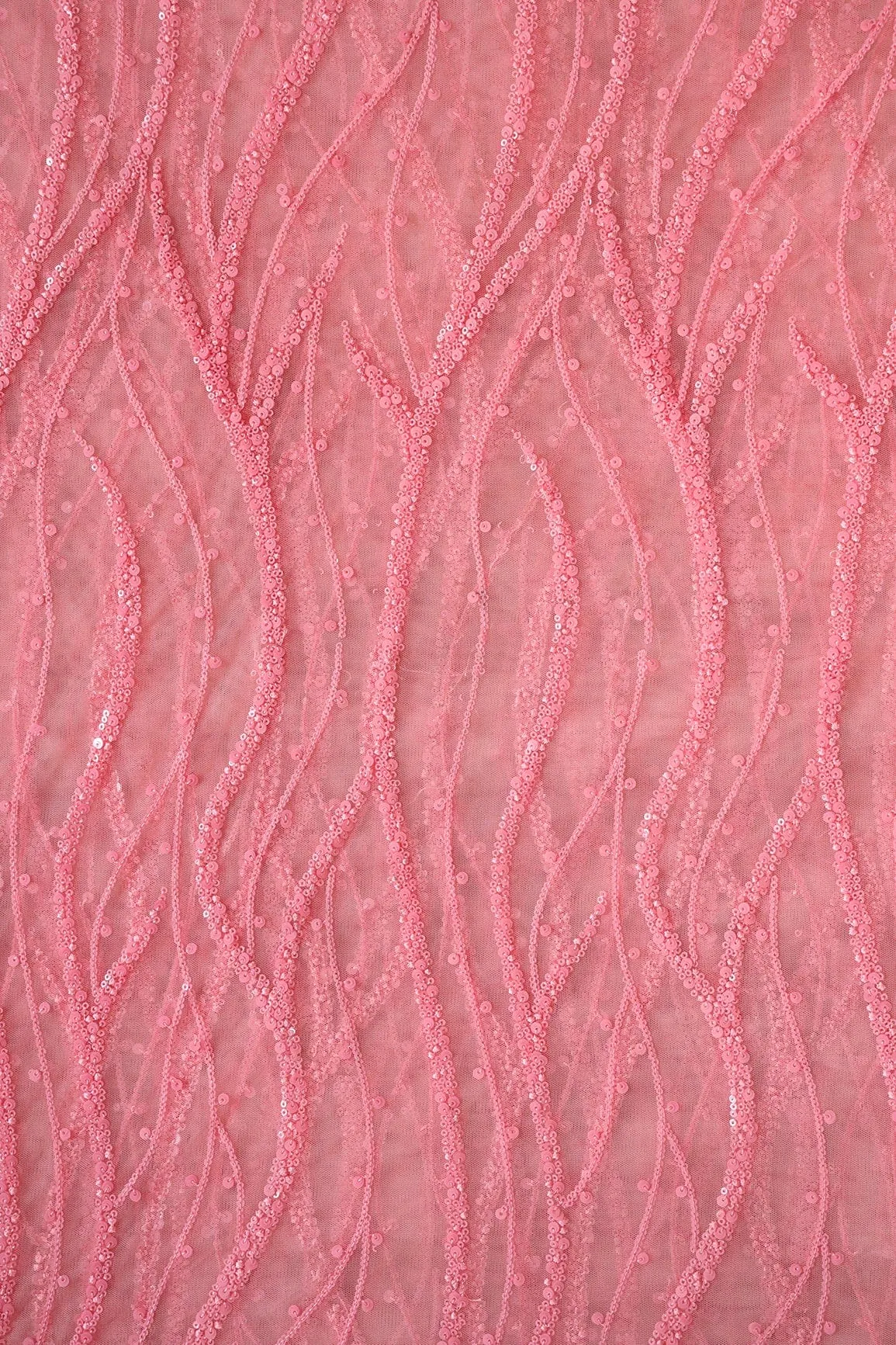 Beautiful Sequins With Pink Thread Wavy Embroidery Work On Pink Soft Net Fabric