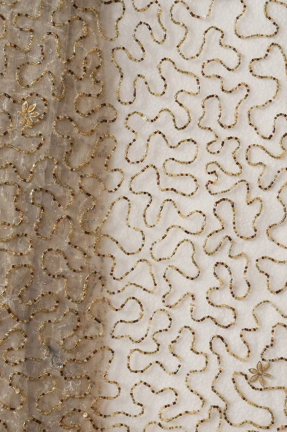 Beige Beads Abstract Handwork Embroidery On Soft Net Fabric