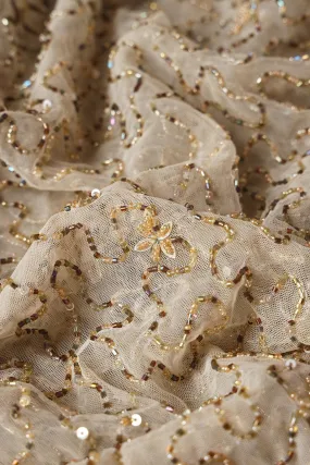Beige Beads Abstract Handwork Embroidery On Soft Net Fabric