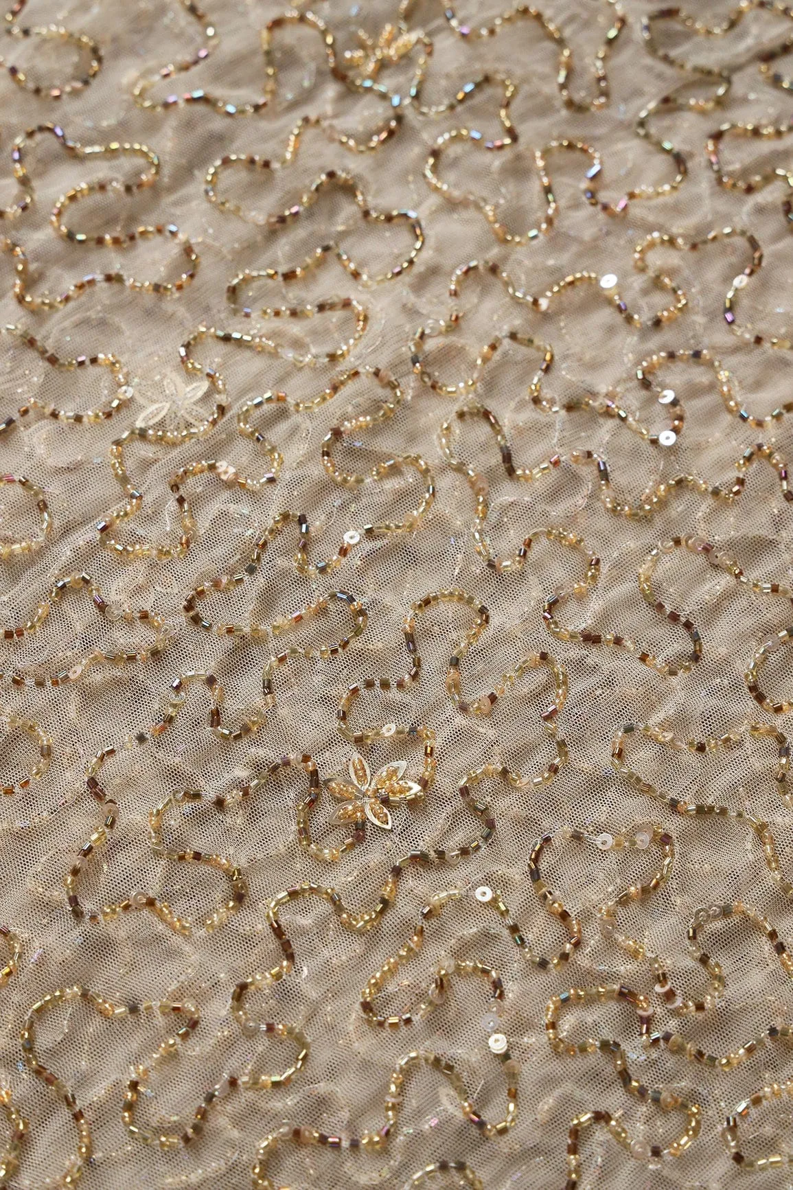 Beige Beads Abstract Handwork Embroidery On Soft Net Fabric