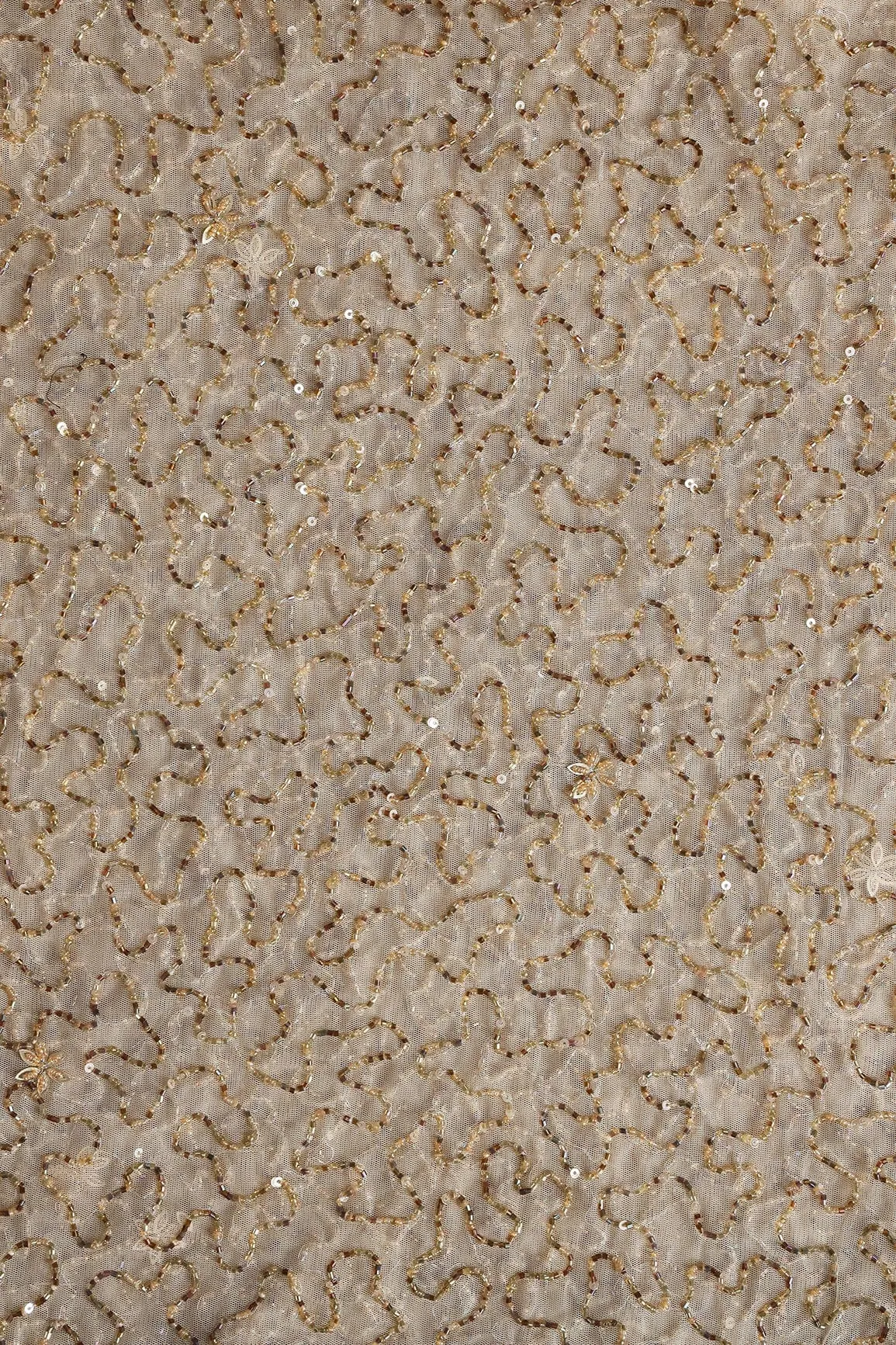 Beige Beads Abstract Handwork Embroidery On Soft Net Fabric