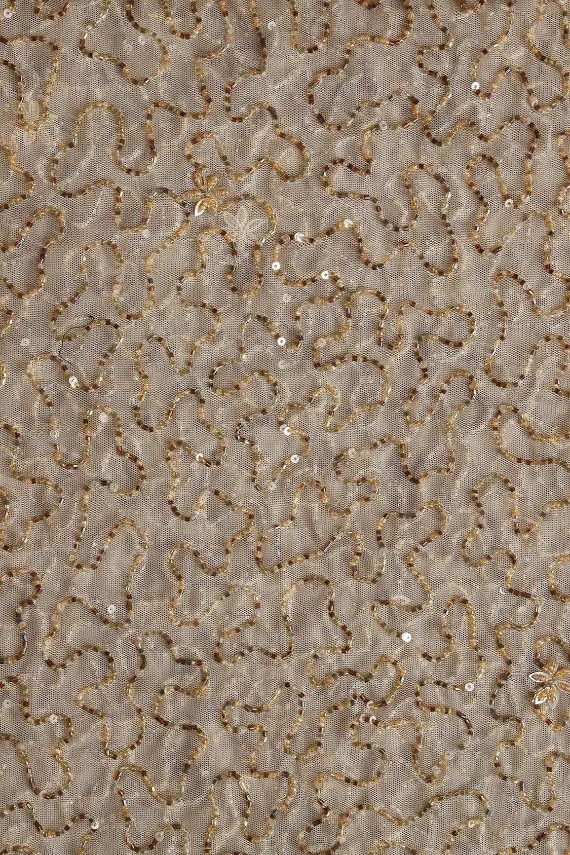 Beige Beads Abstract Handwork Embroidery On Soft Net Fabric