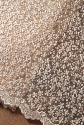 Beige Thread Heavy Floral Embroidery On Beige Soft Net Fabric With Border