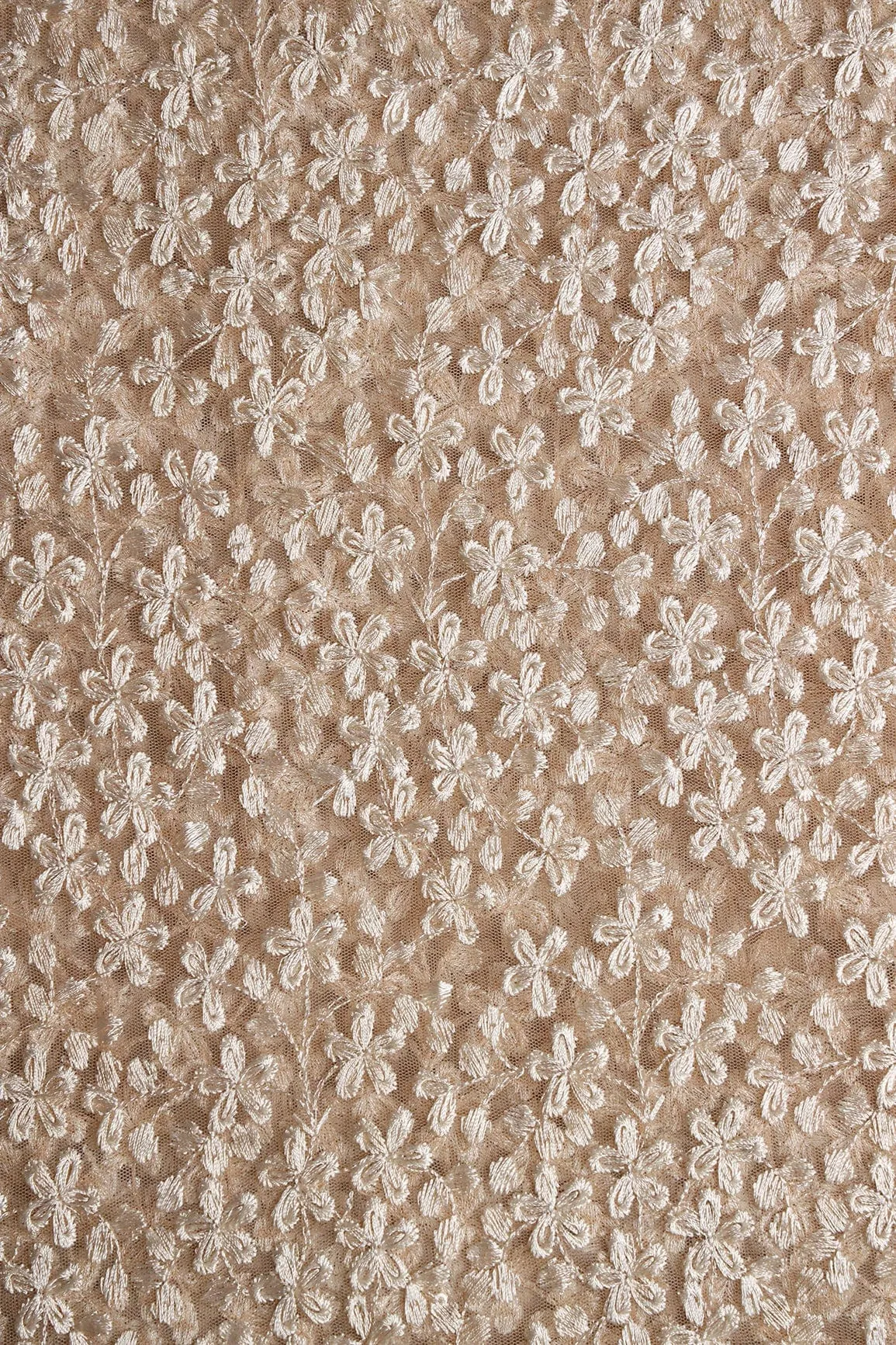Beige Thread Heavy Floral Embroidery On Beige Soft Net Fabric With Border
