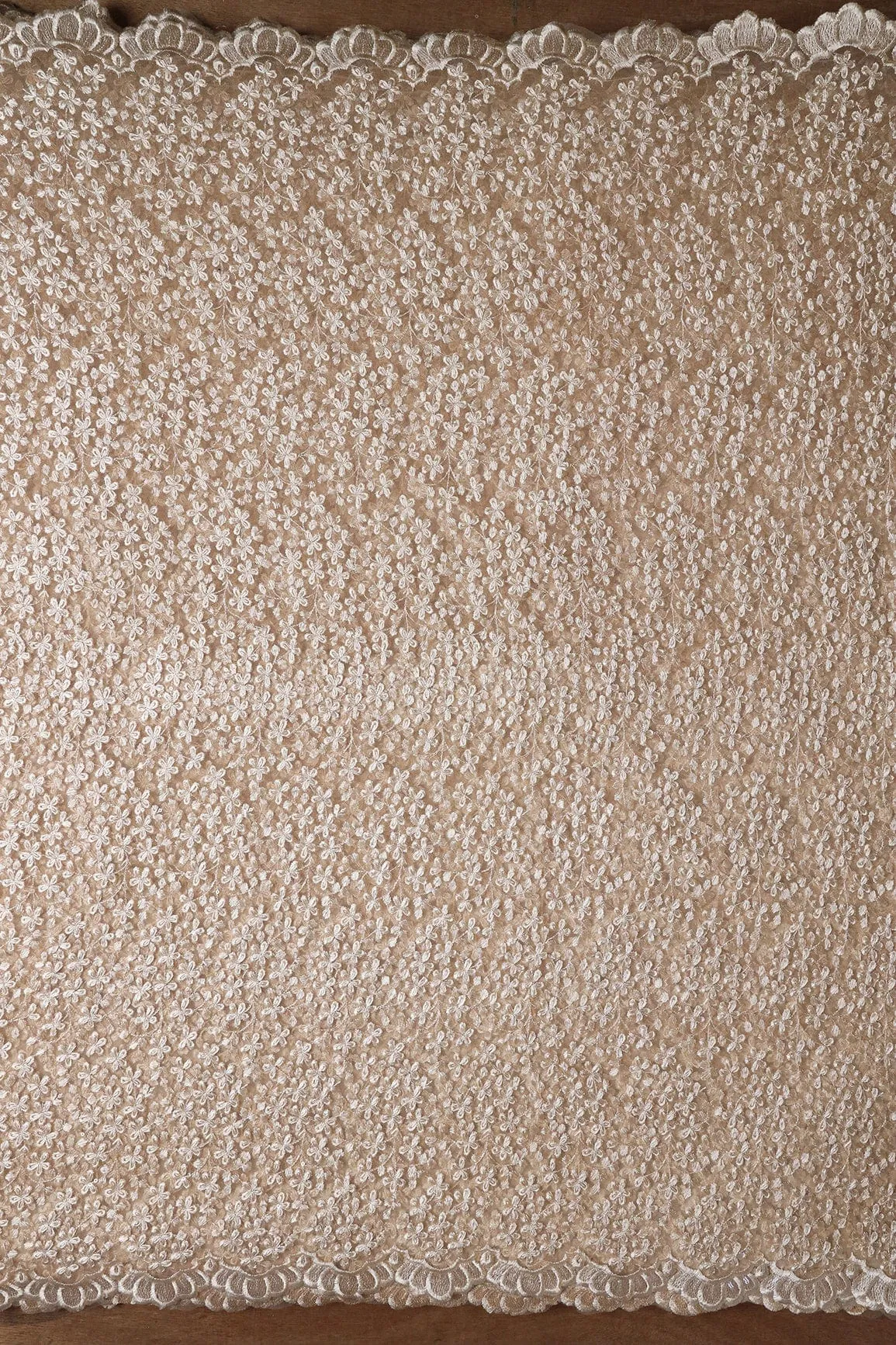 Beige Thread Heavy Floral Embroidery On Beige Soft Net Fabric With Border