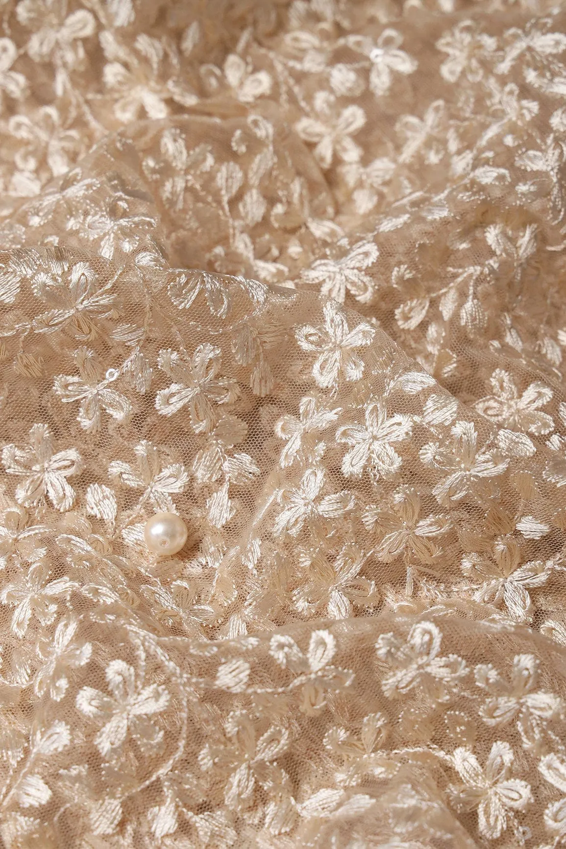 Beige Thread Heavy Floral Embroidery On Beige Soft Net Fabric With Border