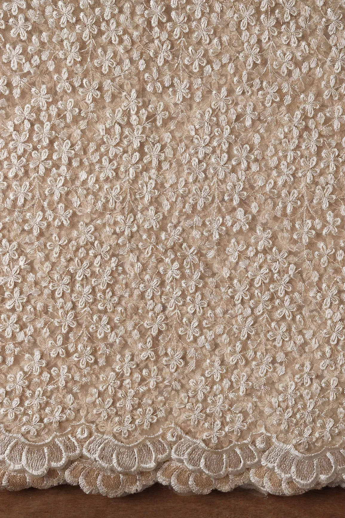 Beige Thread Heavy Floral Embroidery On Beige Soft Net Fabric With Border