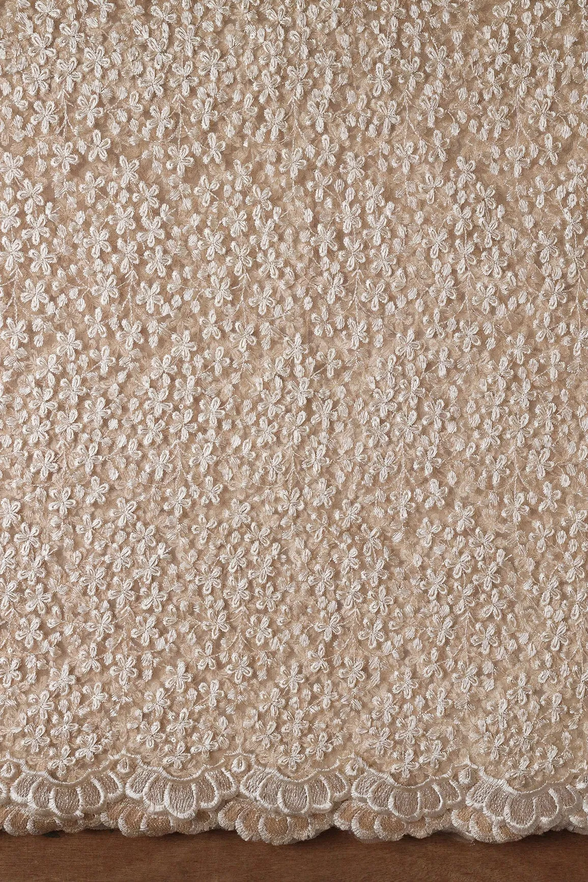 Beige Thread Heavy Floral Embroidery On Beige Soft Net Fabric With Border