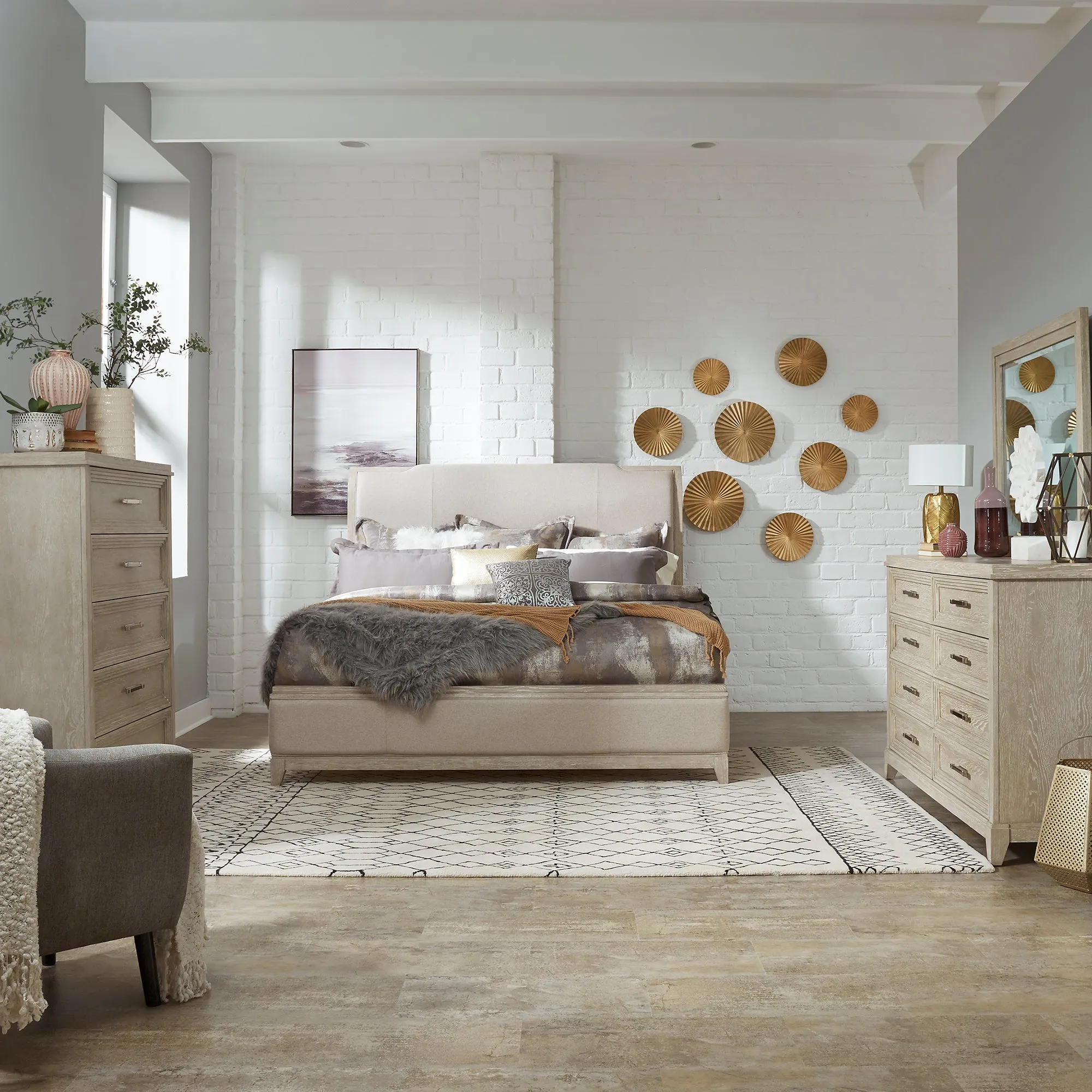 Belmar 902-BR-QUBDMC Queen Uph Bed, Dresser & Mirror, Chest
