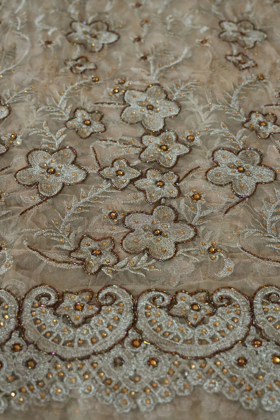 Big Width "56" Handwork Embroidery on Beige Soft net Fabric