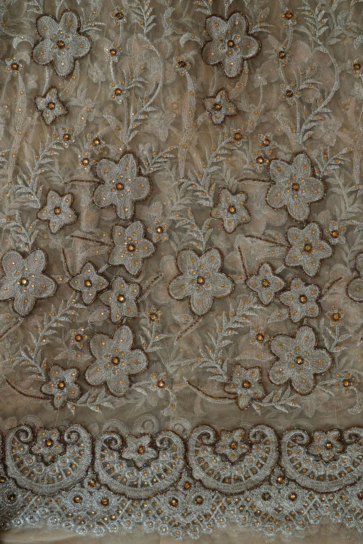Big Width "56" Handwork Embroidery on Beige Soft net Fabric