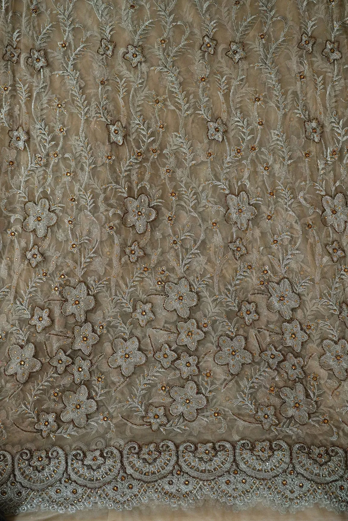 Big Width "56" Handwork Embroidery on Beige Soft net Fabric