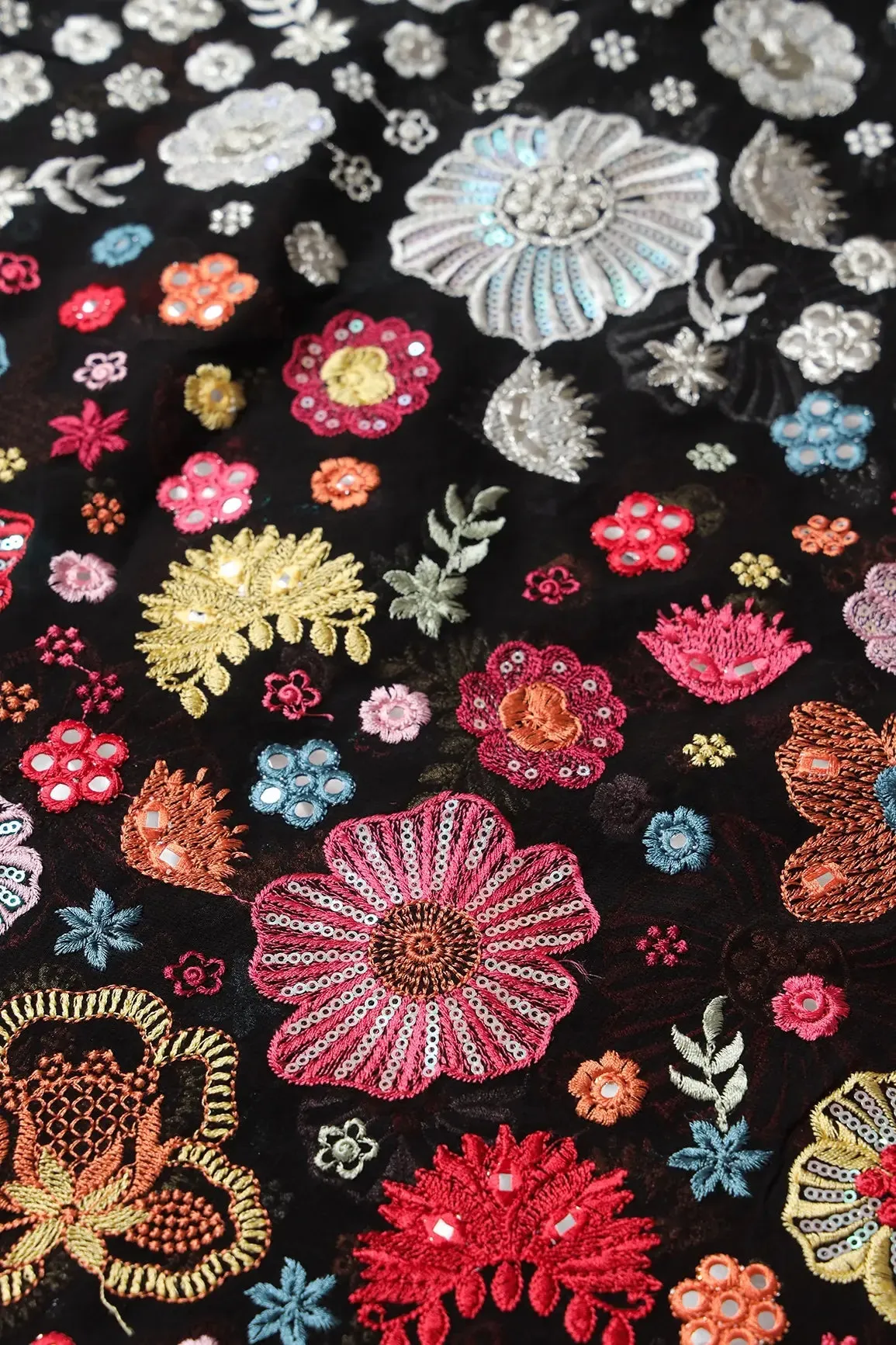 Big Width "56" Multi Thread With Sequins Floral Embroidery On Black Viscose Georgette Fabric