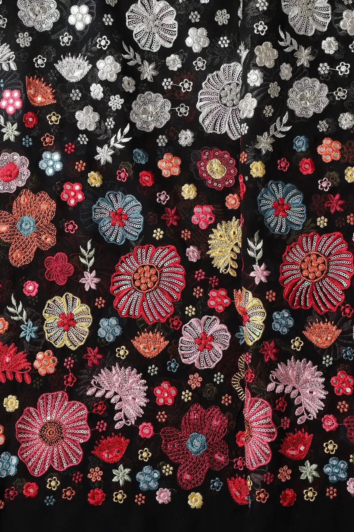 Big Width "56" Multi Thread With Sequins Floral Embroidery On Black Viscose Georgette Fabric