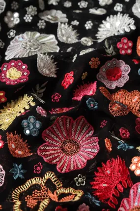 Big Width "56" Multi Thread With Sequins Floral Embroidery On Black Viscose Georgette Fabric