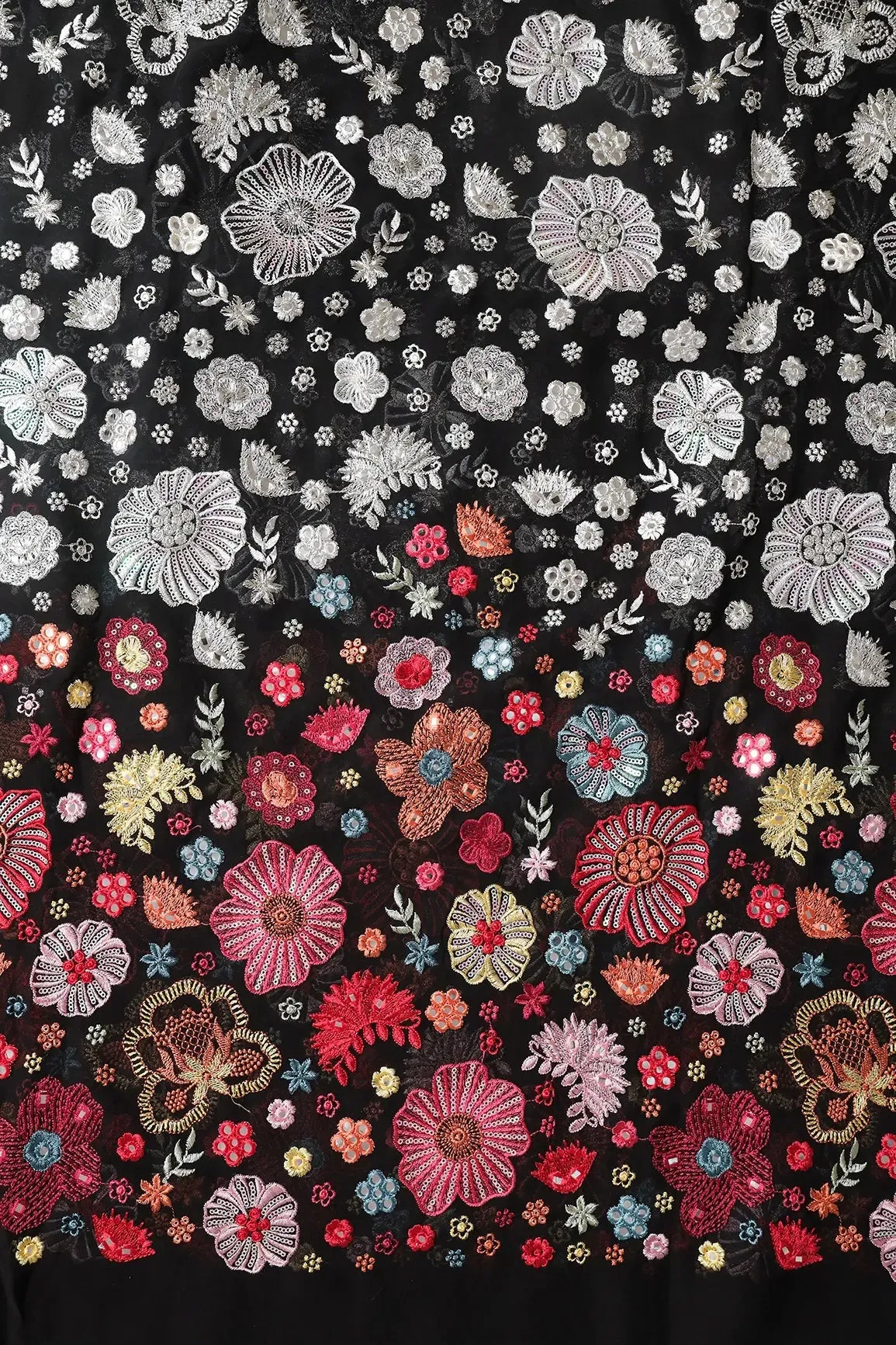 Big Width "56" Multi Thread With Sequins Floral Embroidery On Black Viscose Georgette Fabric