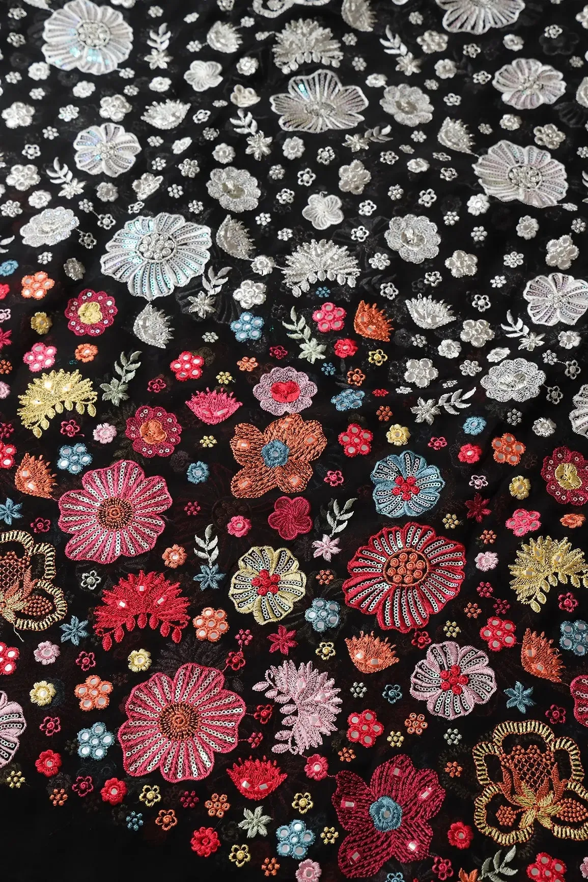 Big Width "56" Multi Thread With Sequins Floral Embroidery On Black Viscose Georgette Fabric