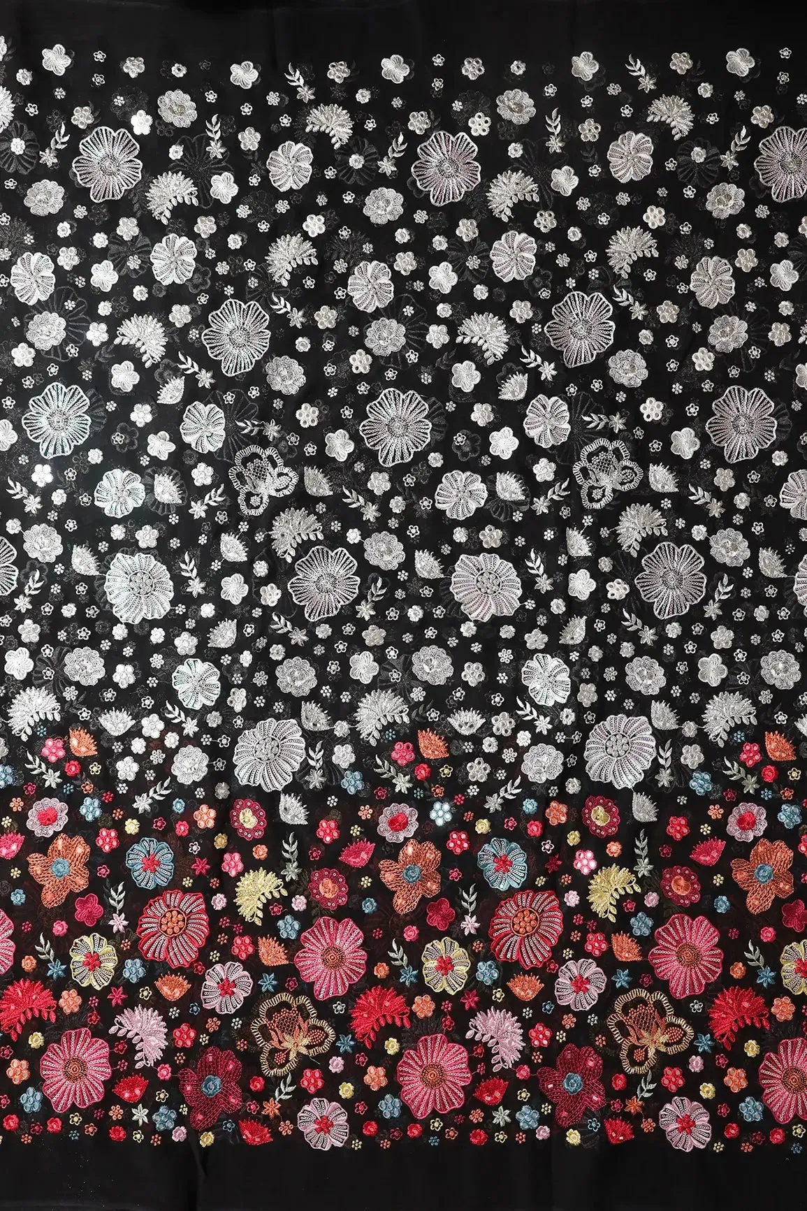 Big Width "56" Multi Thread With Sequins Floral Embroidery On Black Viscose Georgette Fabric