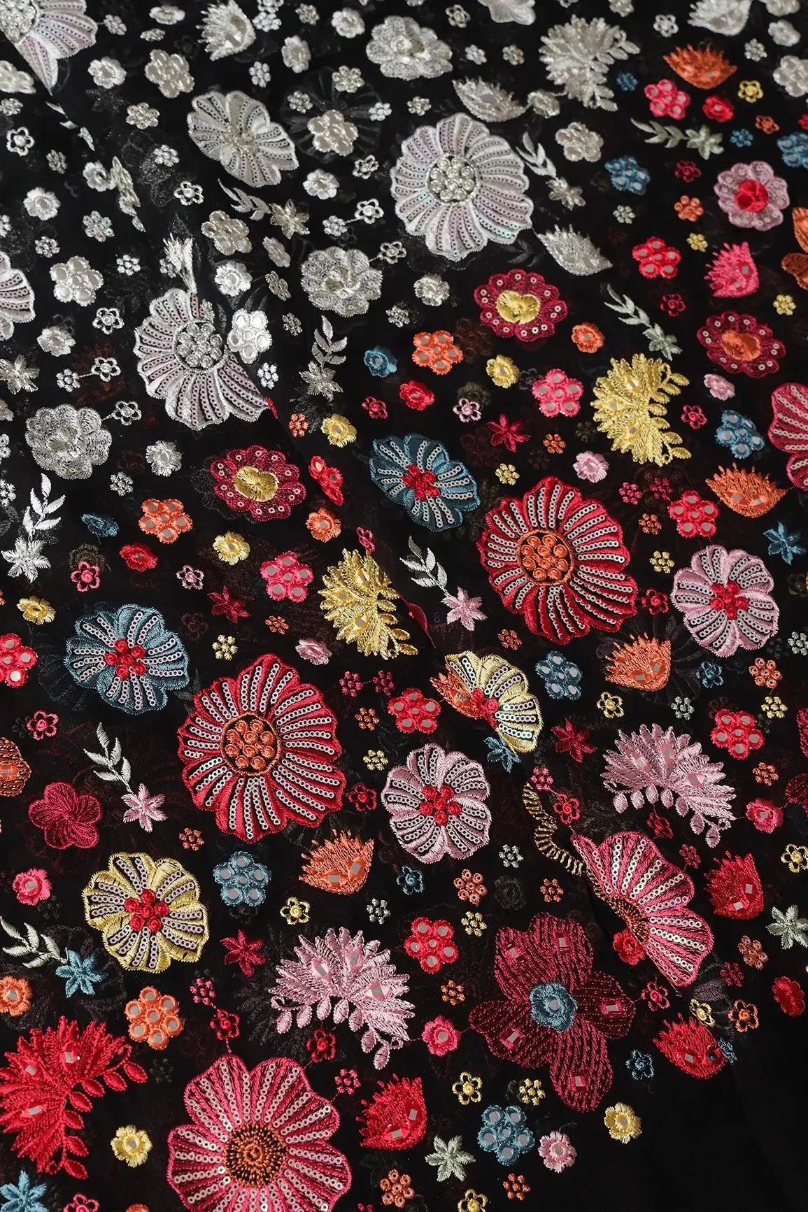 Big Width "56" Multi Thread With Sequins Floral Embroidery On Black Viscose Georgette Fabric