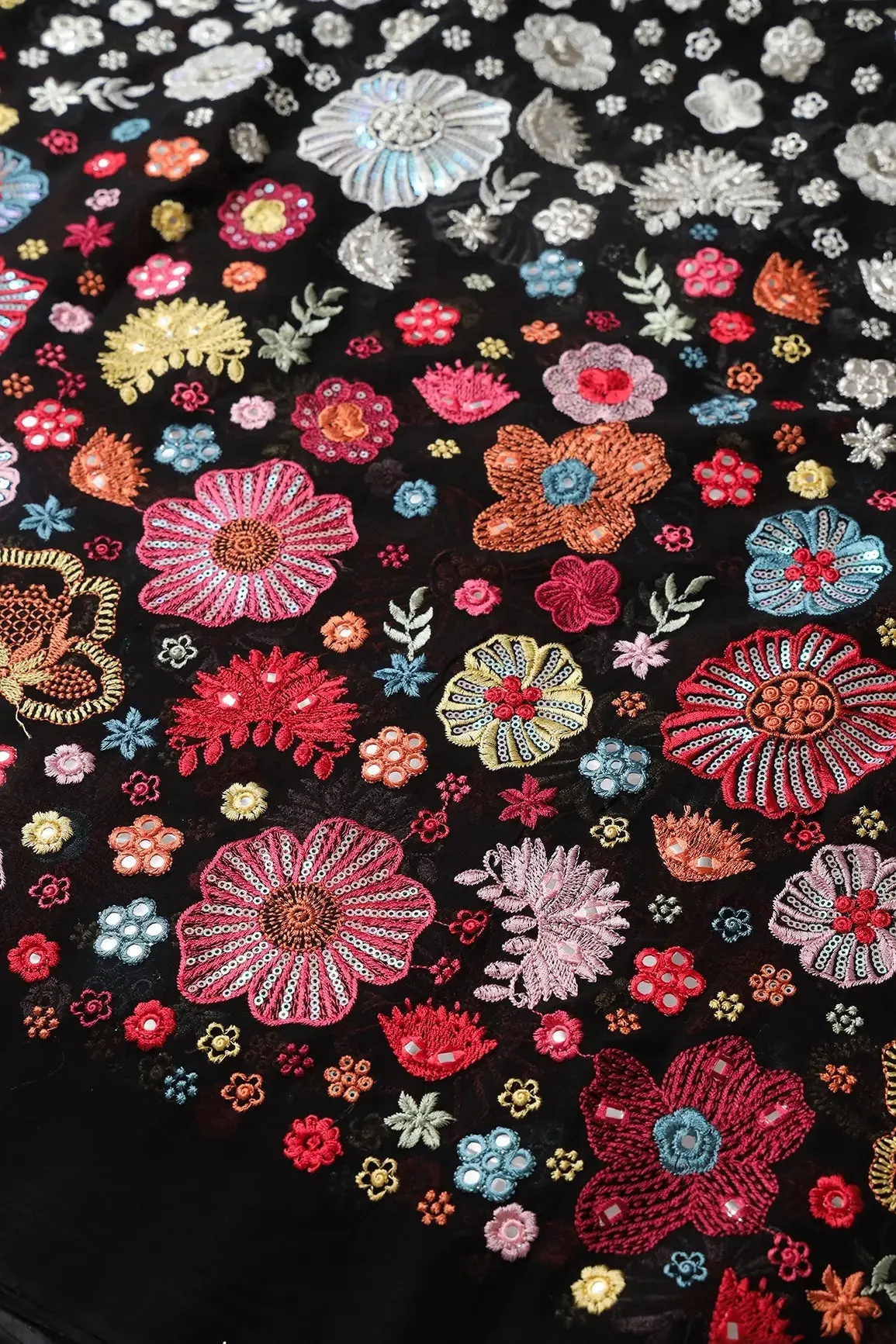 Big Width "56" Multi Thread With Sequins Floral Embroidery On Black Viscose Georgette Fabric
