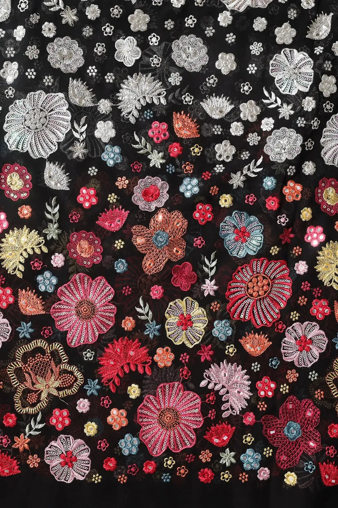 Big Width "56" Multi Thread With Sequins Floral Embroidery On Black Viscose Georgette Fabric