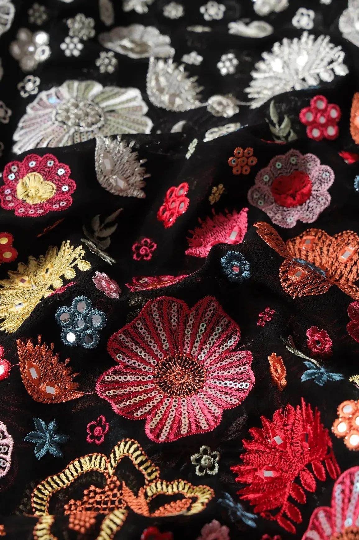Big Width "56" Multi Thread With Sequins Floral Embroidery On Black Viscose Georgette Fabric