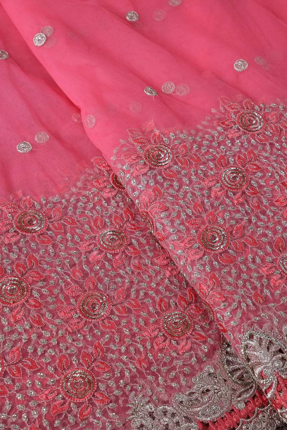 Big Width''56'' Gajri Pink Thread With Zari Floral Embroidery Work On Gajri Pink Soft Net Fabric With Border