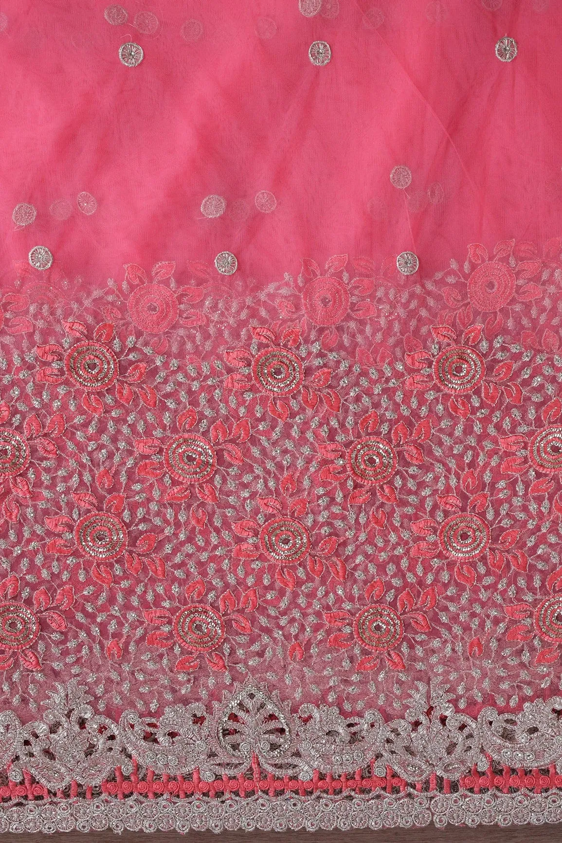 Big Width''56'' Gajri Pink Thread With Zari Floral Embroidery Work On Gajri Pink Soft Net Fabric With Border