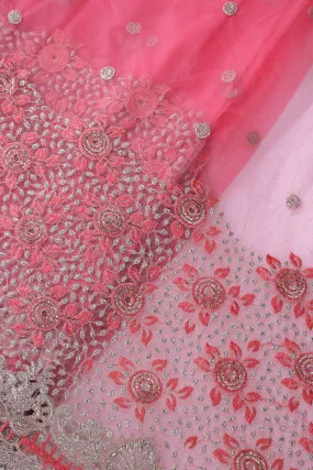 Big Width''56'' Gajri Pink Thread With Zari Floral Embroidery Work On Gajri Pink Soft Net Fabric With Border