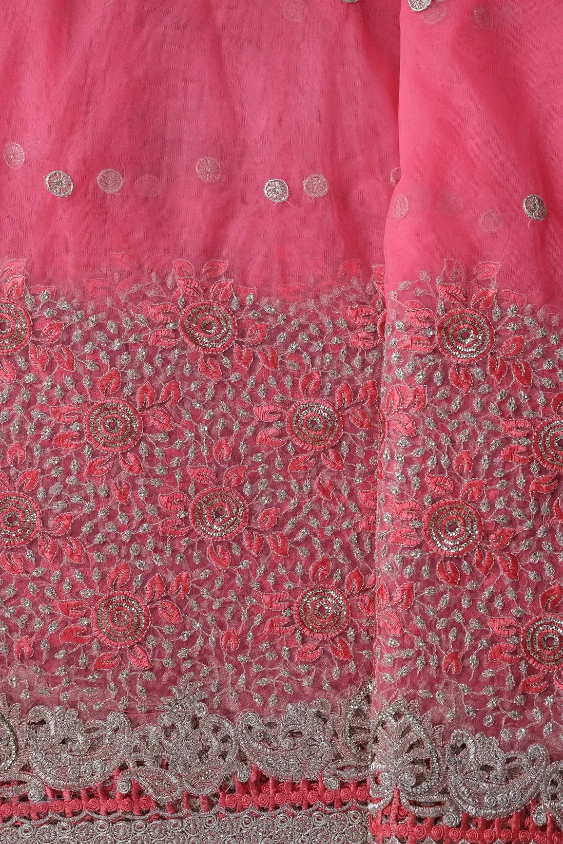 Big Width''56'' Gajri Pink Thread With Zari Floral Embroidery Work On Gajri Pink Soft Net Fabric With Border