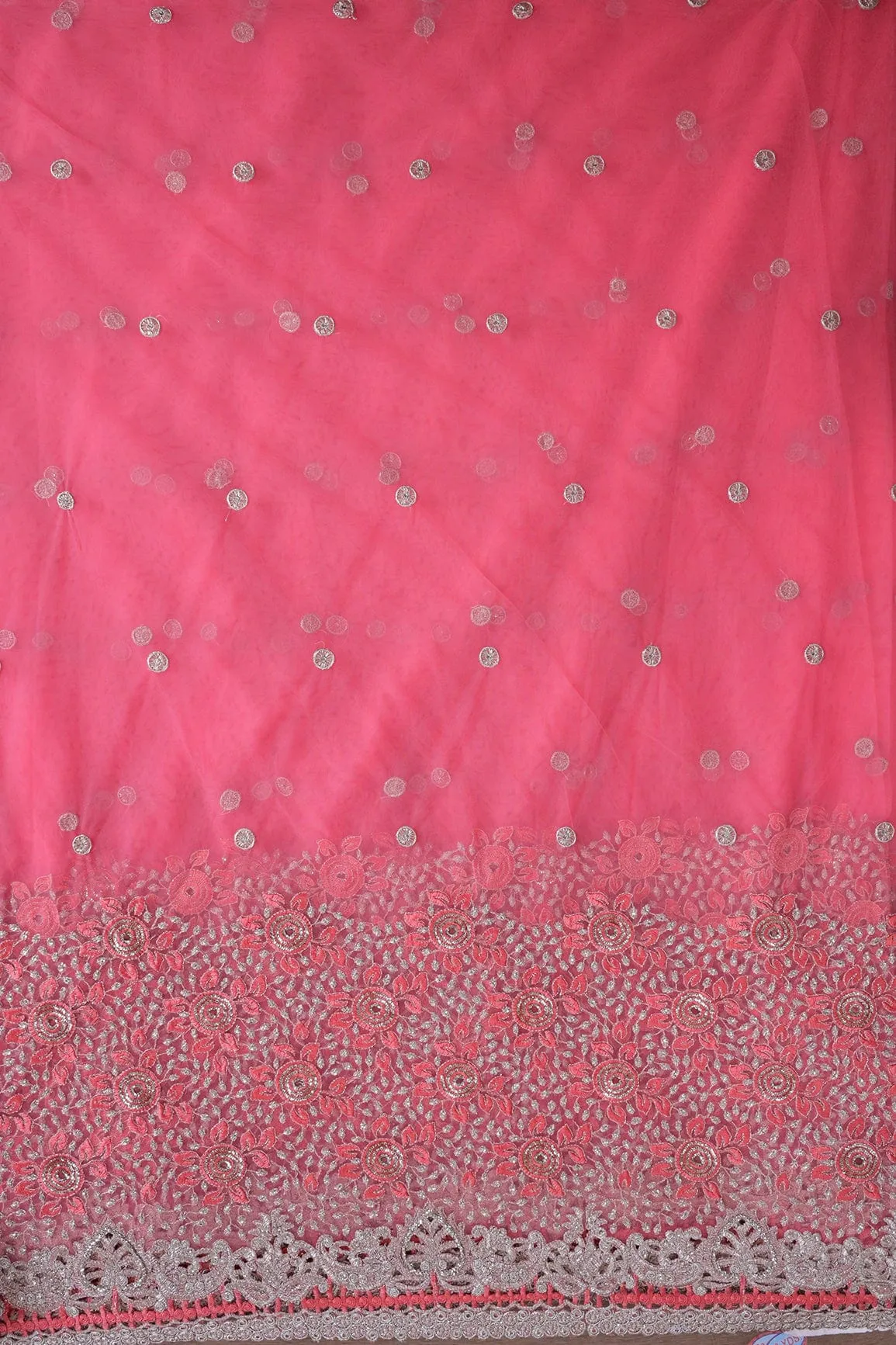 Big Width''56'' Gajri Pink Thread With Zari Floral Embroidery Work On Gajri Pink Soft Net Fabric With Border