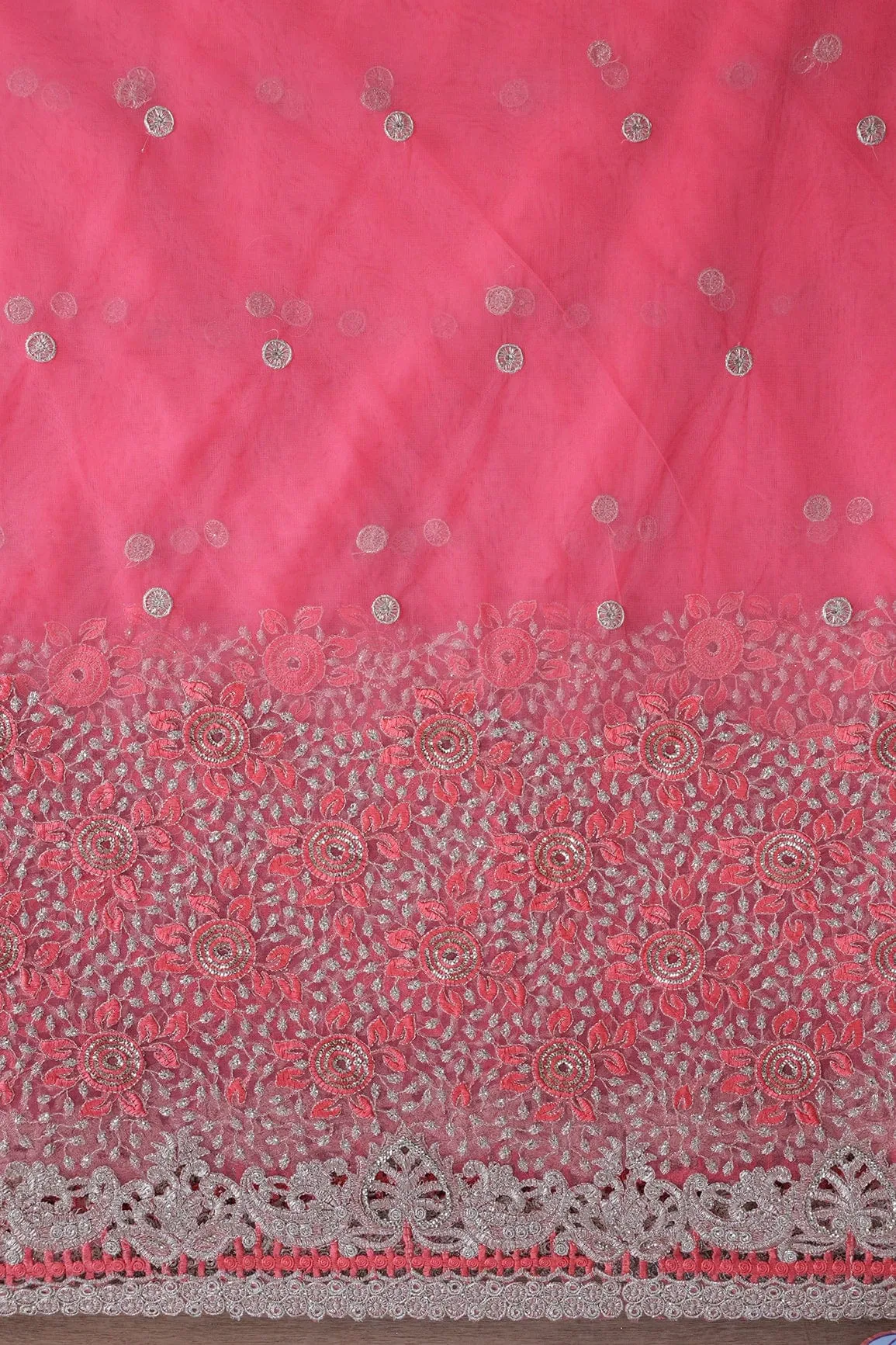Big Width''56'' Gajri Pink Thread With Zari Floral Embroidery Work On Gajri Pink Soft Net Fabric With Border