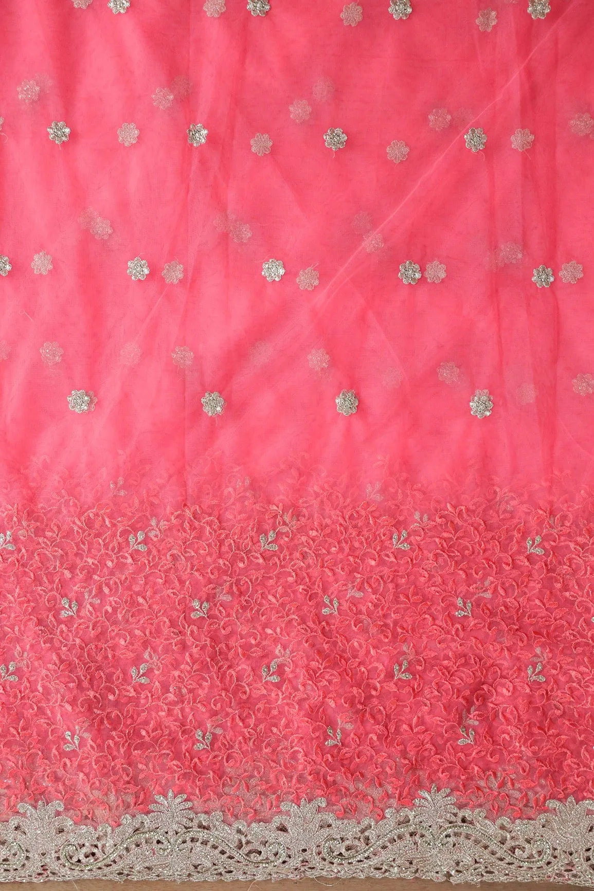 Big Width''56'' Gajri Pink Thread With Zari Leafy Embroidery Work On Gajri Pink Soft Net Fabric With Border