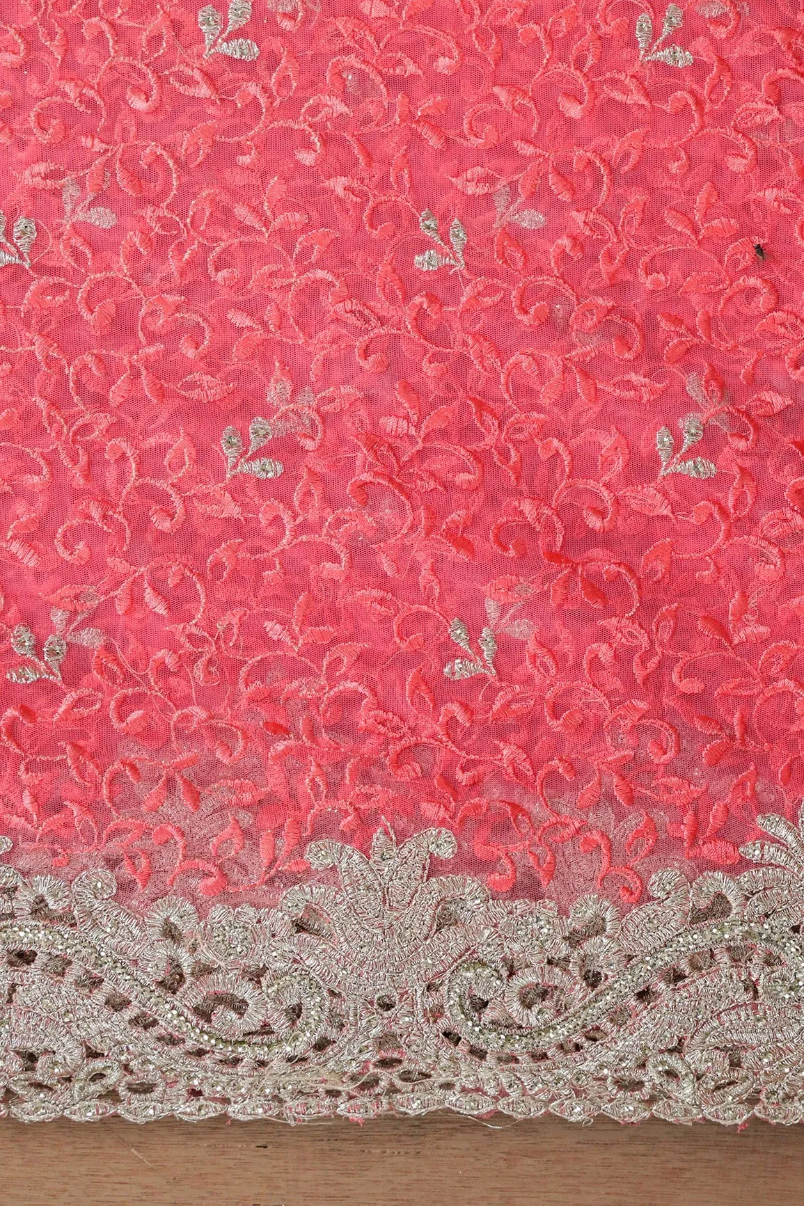Big Width''56'' Gajri Pink Thread With Zari Leafy Embroidery Work On Gajri Pink Soft Net Fabric With Border