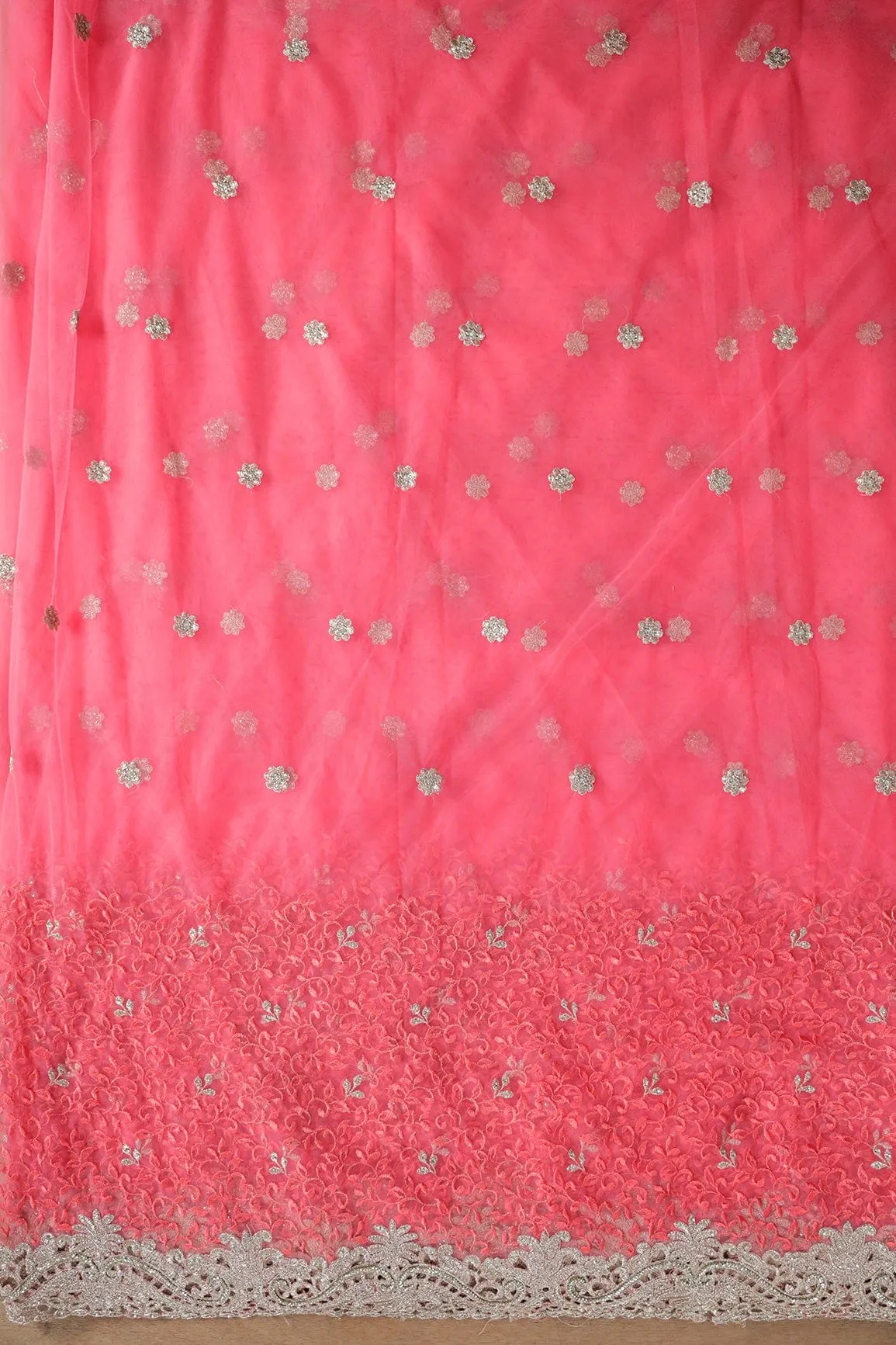 Big Width''56'' Gajri Pink Thread With Zari Leafy Embroidery Work On Gajri Pink Soft Net Fabric With Border