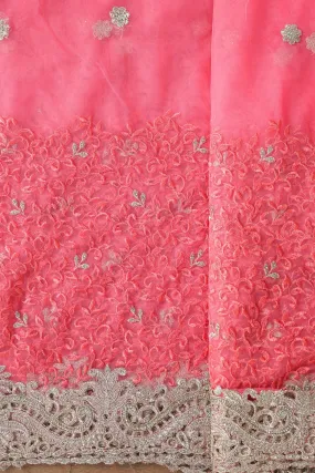 Big Width''56'' Gajri Pink Thread With Zari Leafy Embroidery Work On Gajri Pink Soft Net Fabric With Border