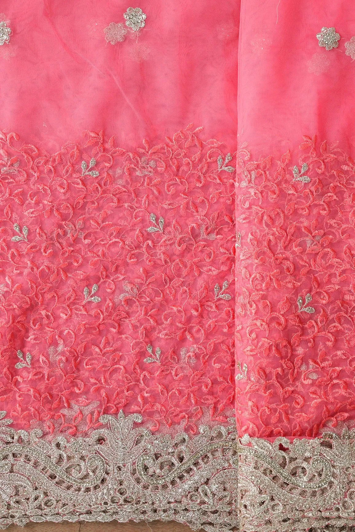 Big Width''56'' Gajri Pink Thread With Zari Leafy Embroidery Work On Gajri Pink Soft Net Fabric With Border