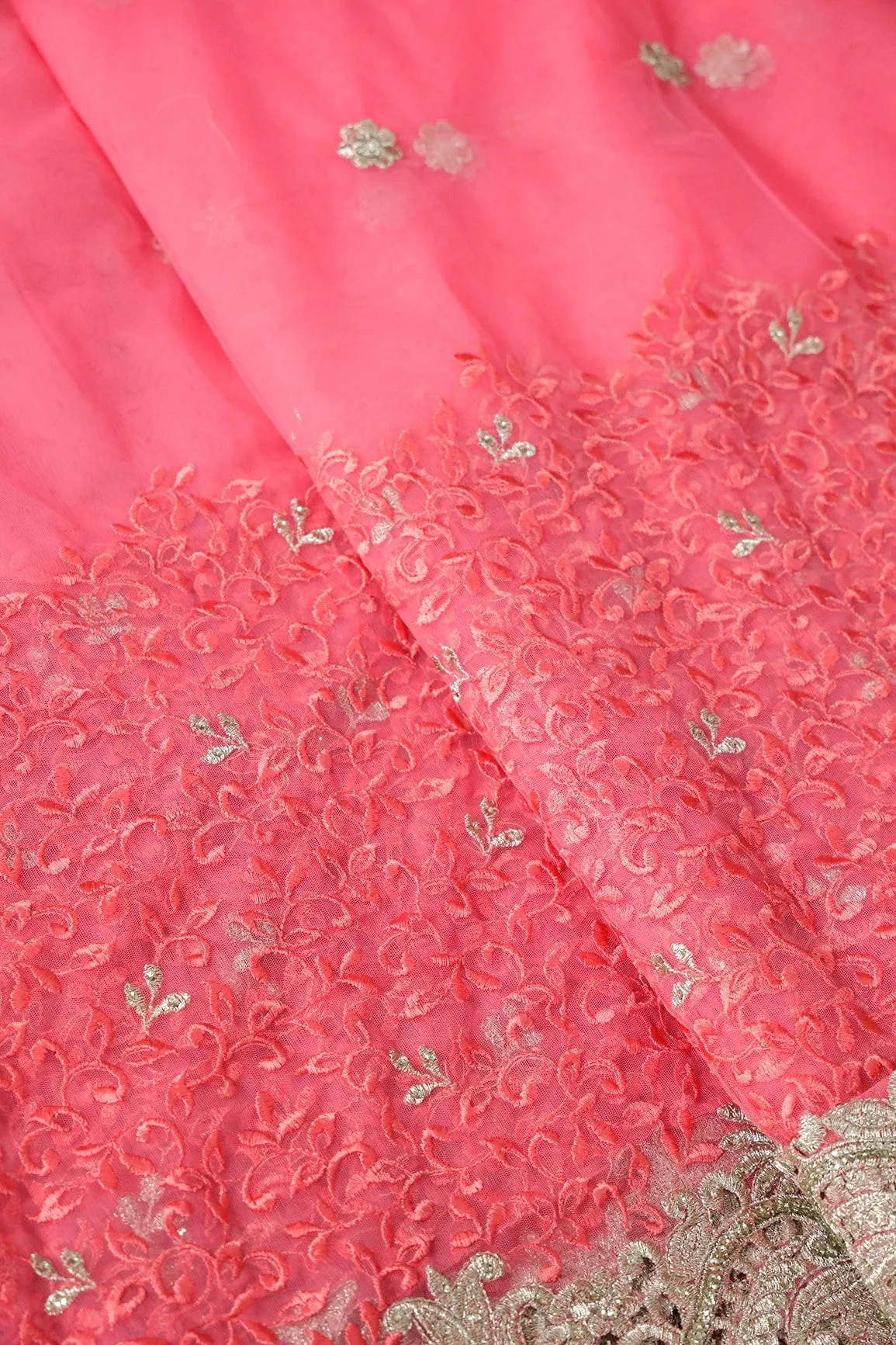 Big Width''56'' Gajri Pink Thread With Zari Leafy Embroidery Work On Gajri Pink Soft Net Fabric With Border