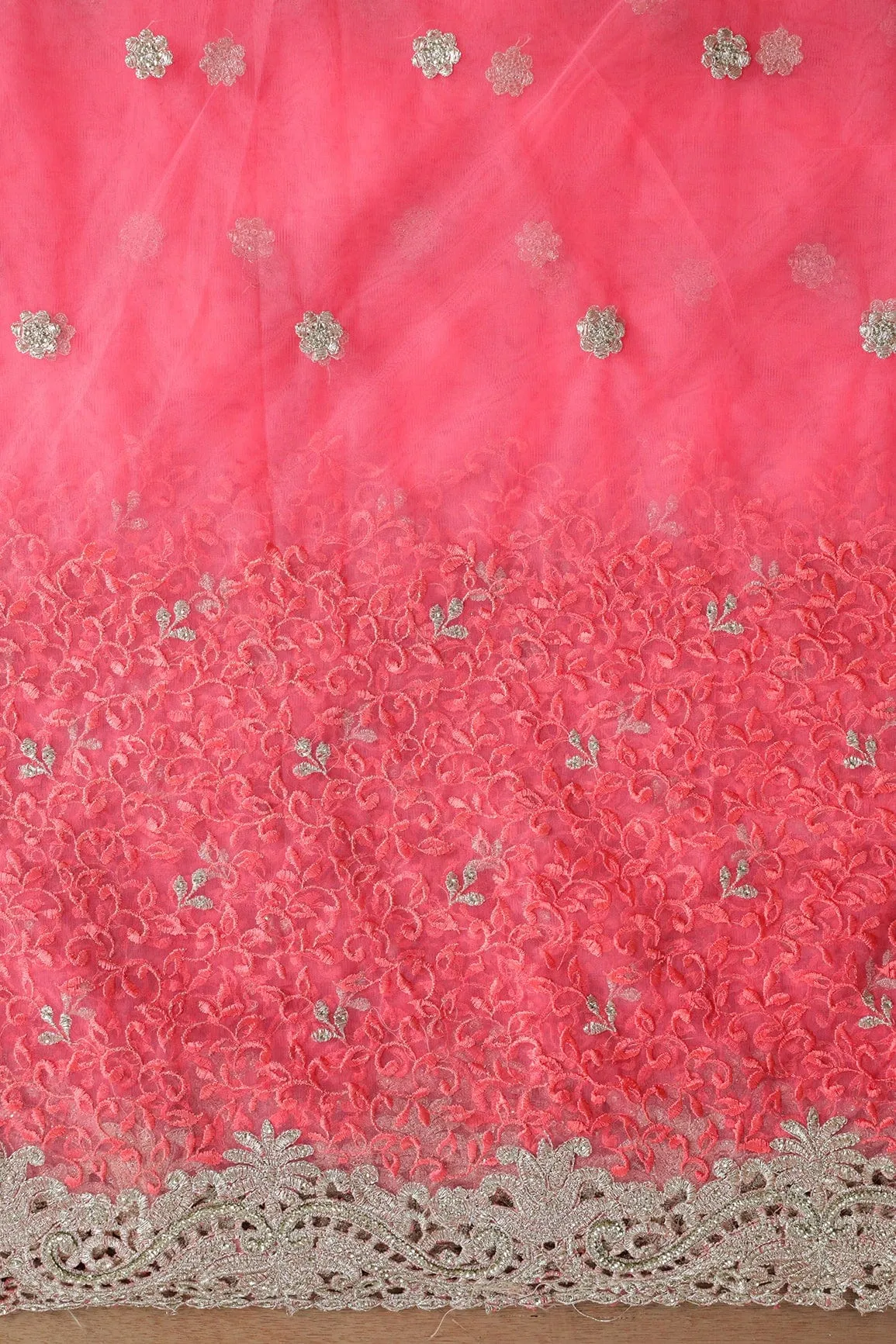 Big Width''56'' Gajri Pink Thread With Zari Leafy Embroidery Work On Gajri Pink Soft Net Fabric With Border