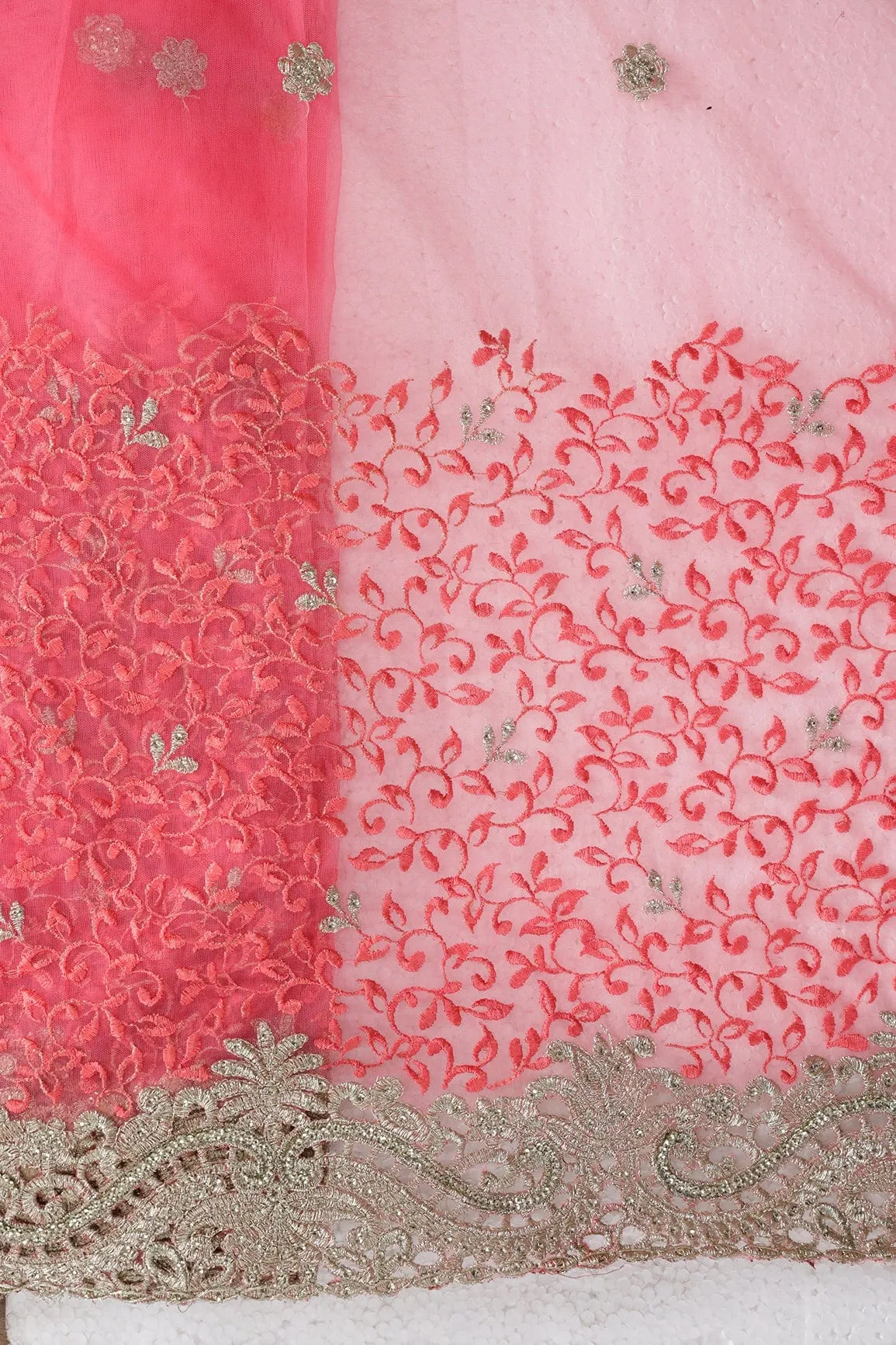 Big Width''56'' Gajri Pink Thread With Zari Leafy Embroidery Work On Gajri Pink Soft Net Fabric With Border