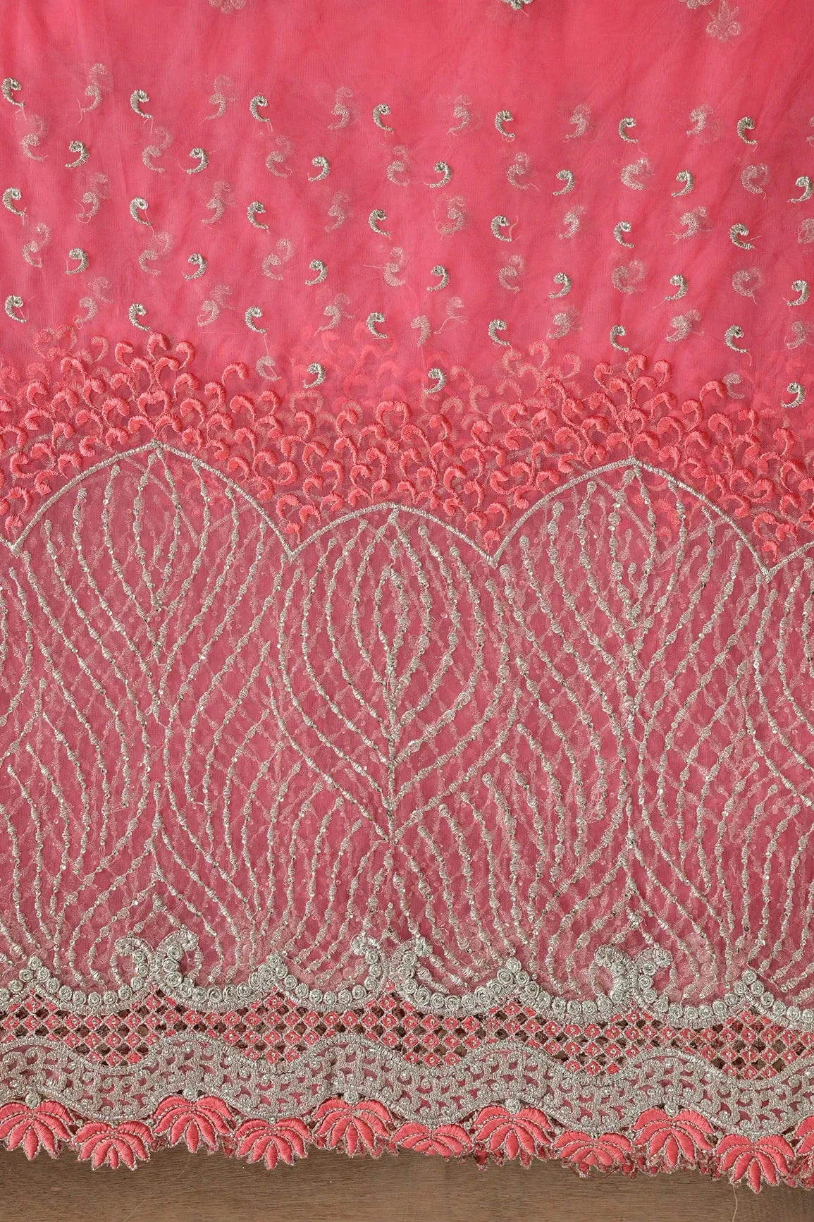 Big Width''56'' Gajri Pink Thread With Zari Traditional Embroidery Work On Gajri Pink Soft Net Fabric With Border